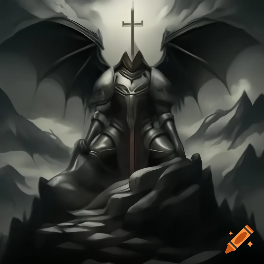 Gothic-style painting of armored cross over mountain using chiaroscuro and dark gray palette