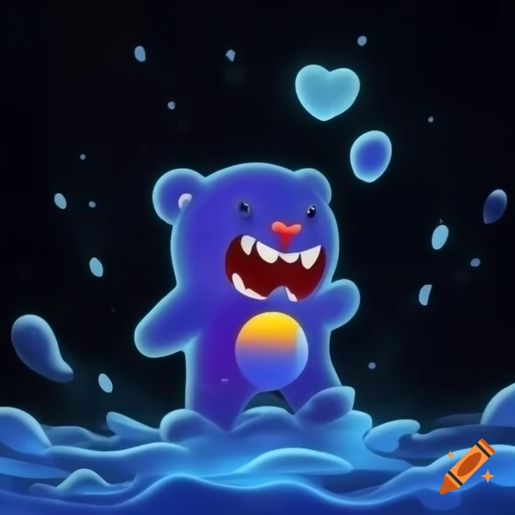 Gummy Bear singing in cosmic amphitheater with eerie atmosphere