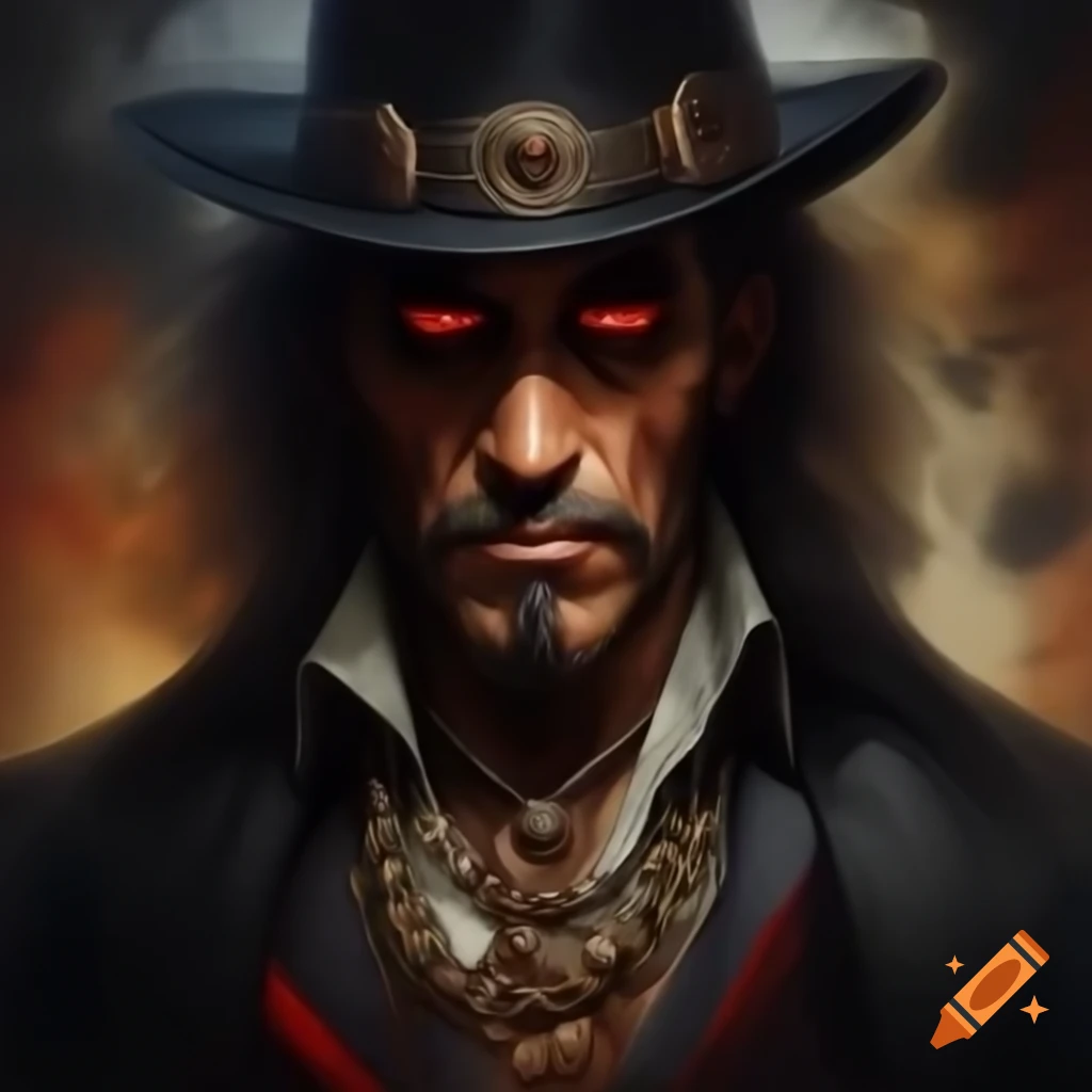 Ultra-detailed portrait of Exu Veludo with black and red suit and Fedora hat