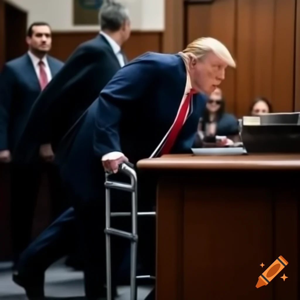 Satirical depiction of Donald Trump as Harvey Weinstein using a walker in court