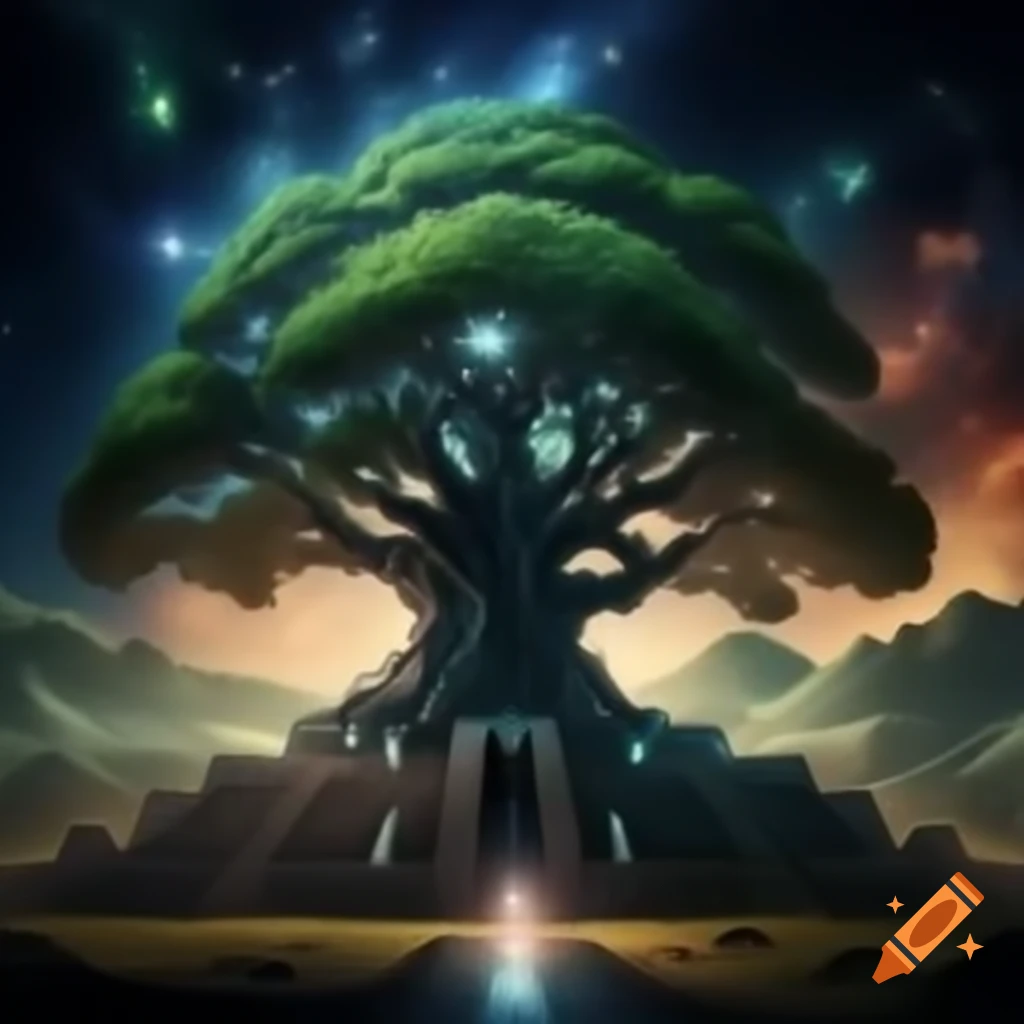 Mayan tree of life artwork in a starry hazy scene, hyper detailed