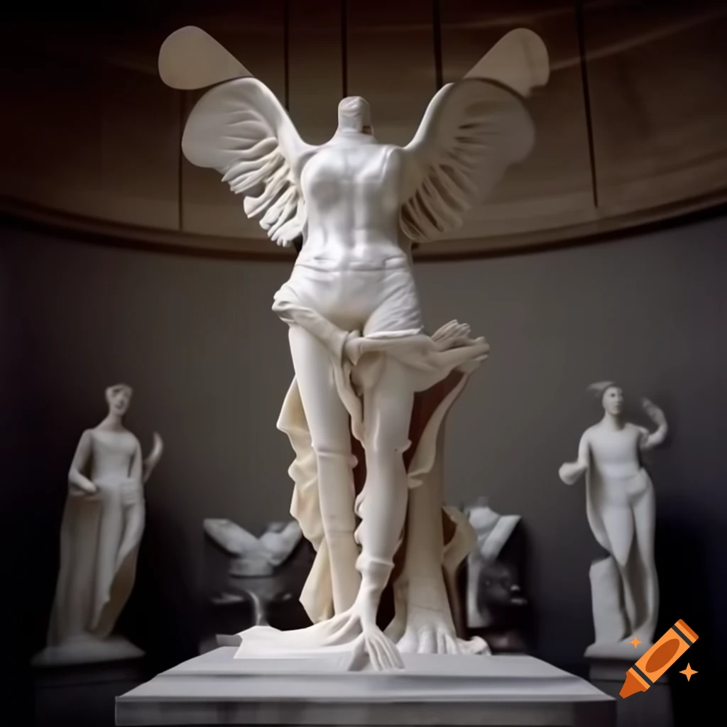Human-bird hybrid transformation in powerful pose, classical Greek style