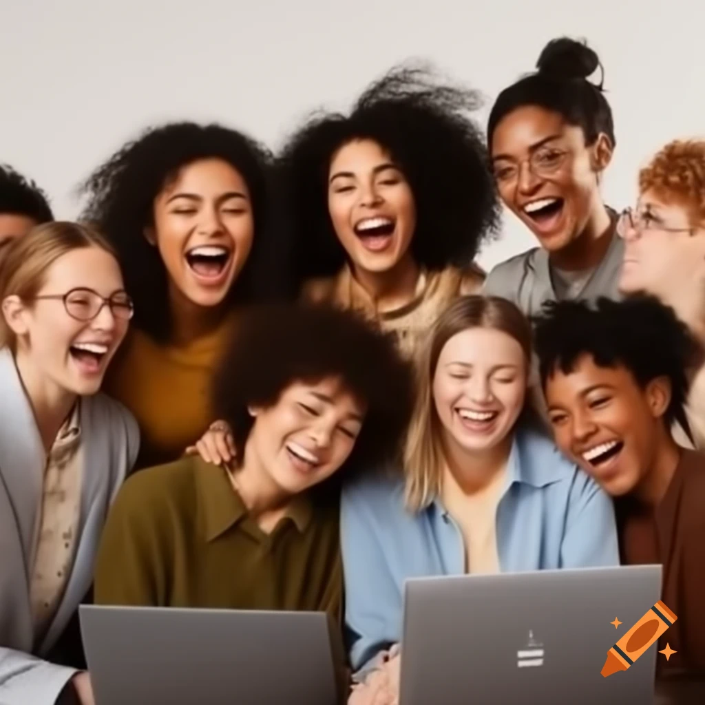 Joyful diverse group of people with laptops in futurism style