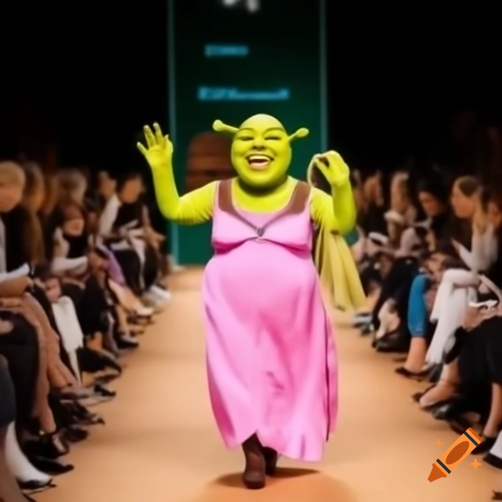 Fashion show featuring Shrek in a pink dress