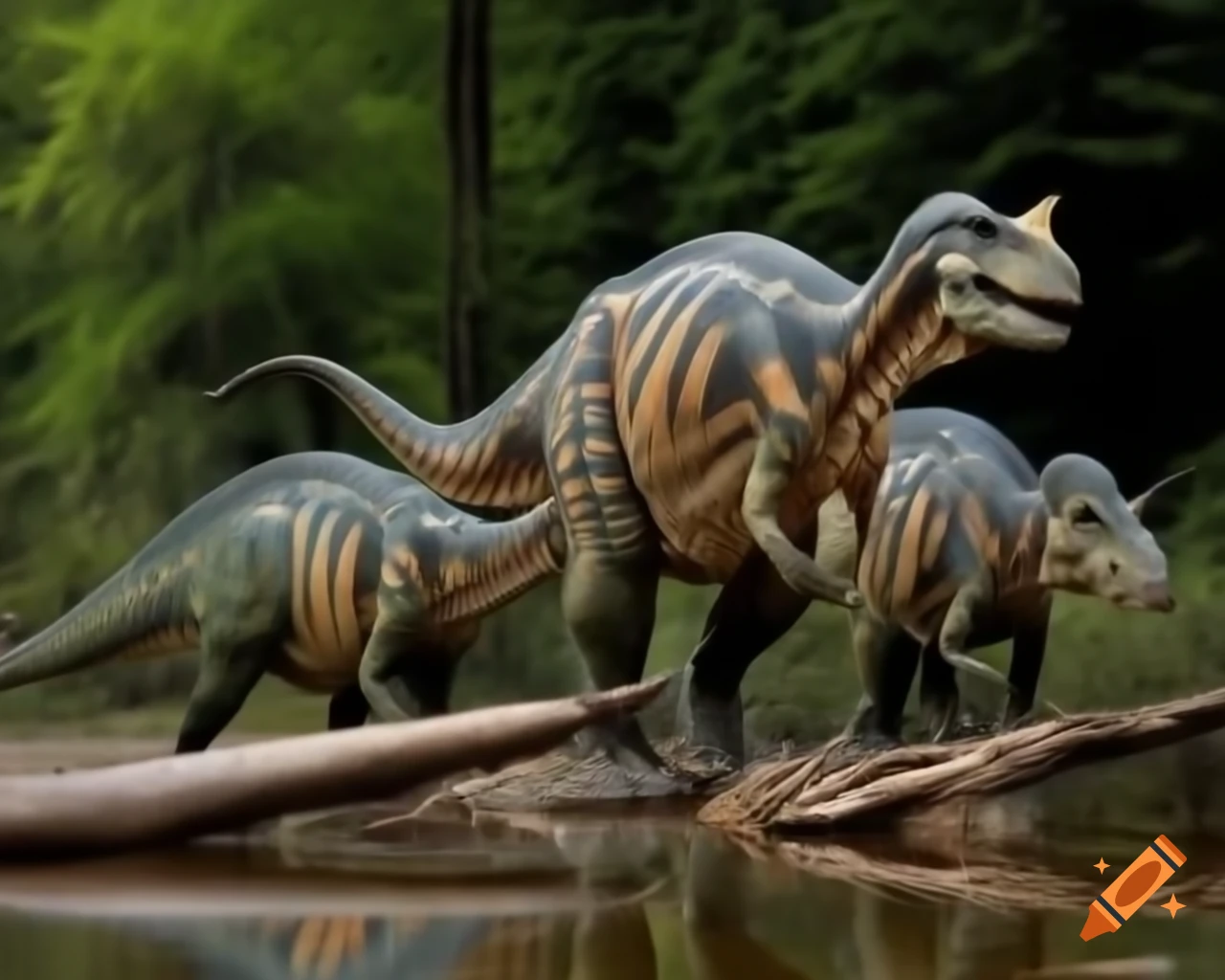 Three striped Hadrosaurus by riverbank with ferns and driftwood in British Columbia
