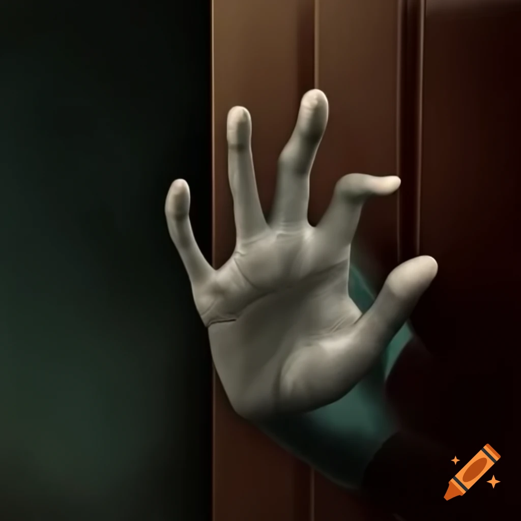 Creepy door with a human hand as the handle