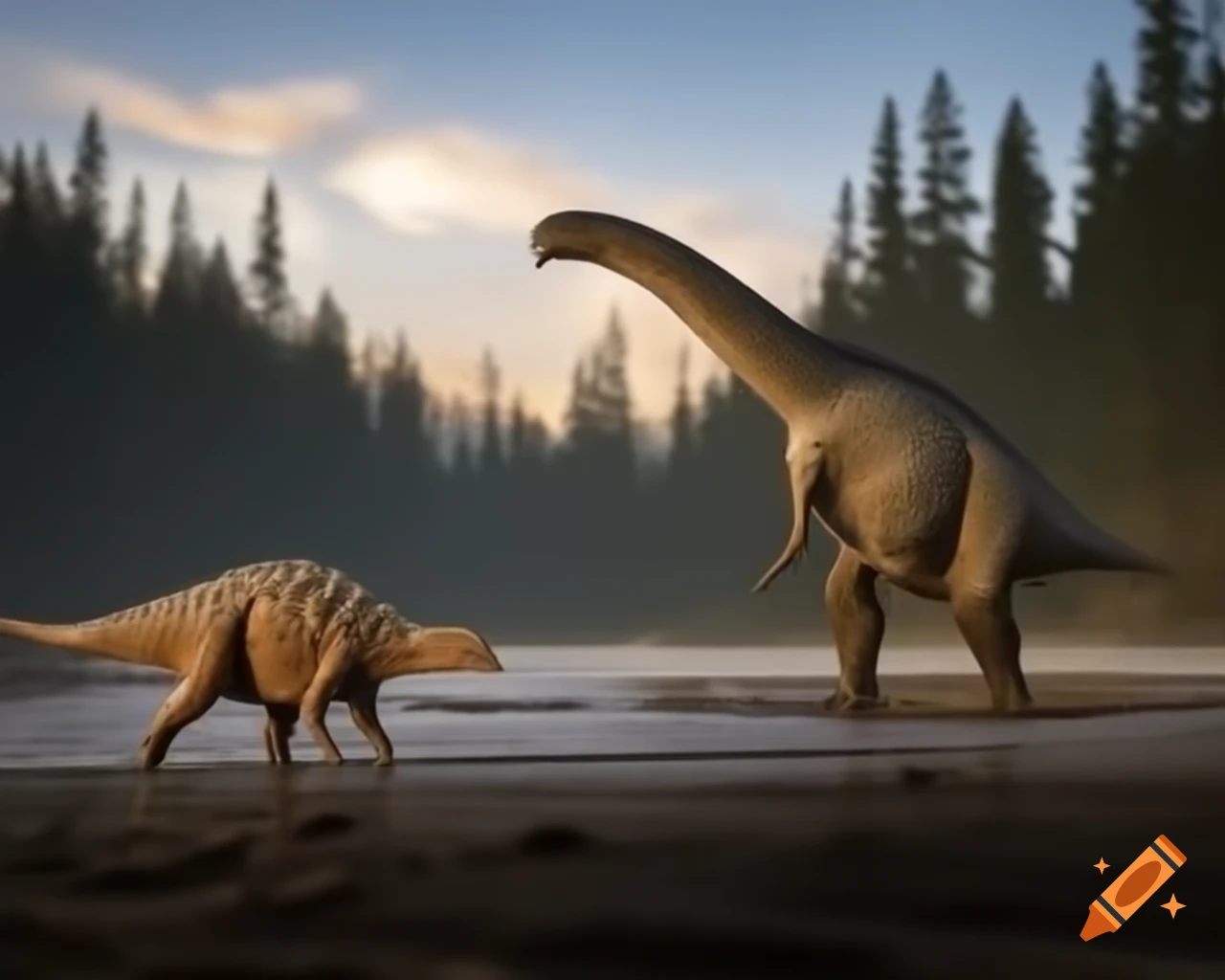 Two Stegosaurus in foreground with Diplodocus moving toward forest in mudflat