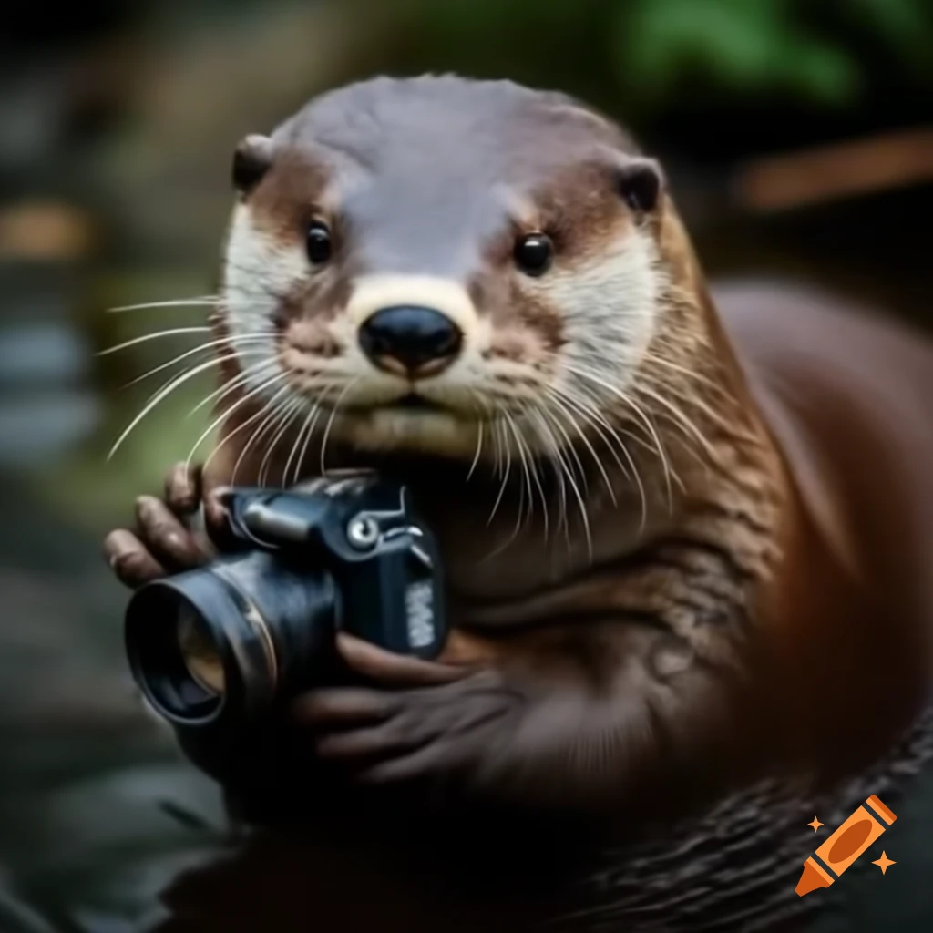 Otter with big cheeks holding a camera