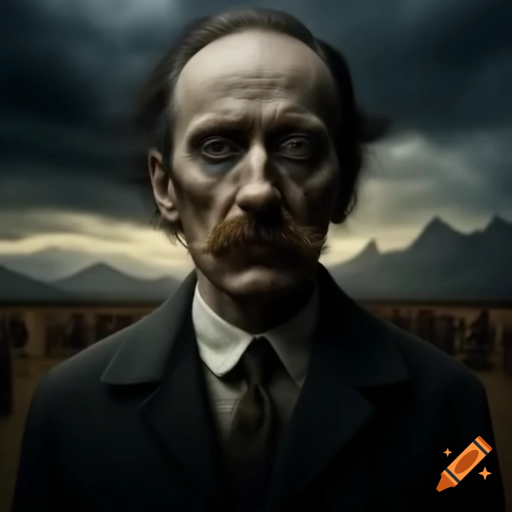 Alfred Packer with serious expression and strong features in dark background