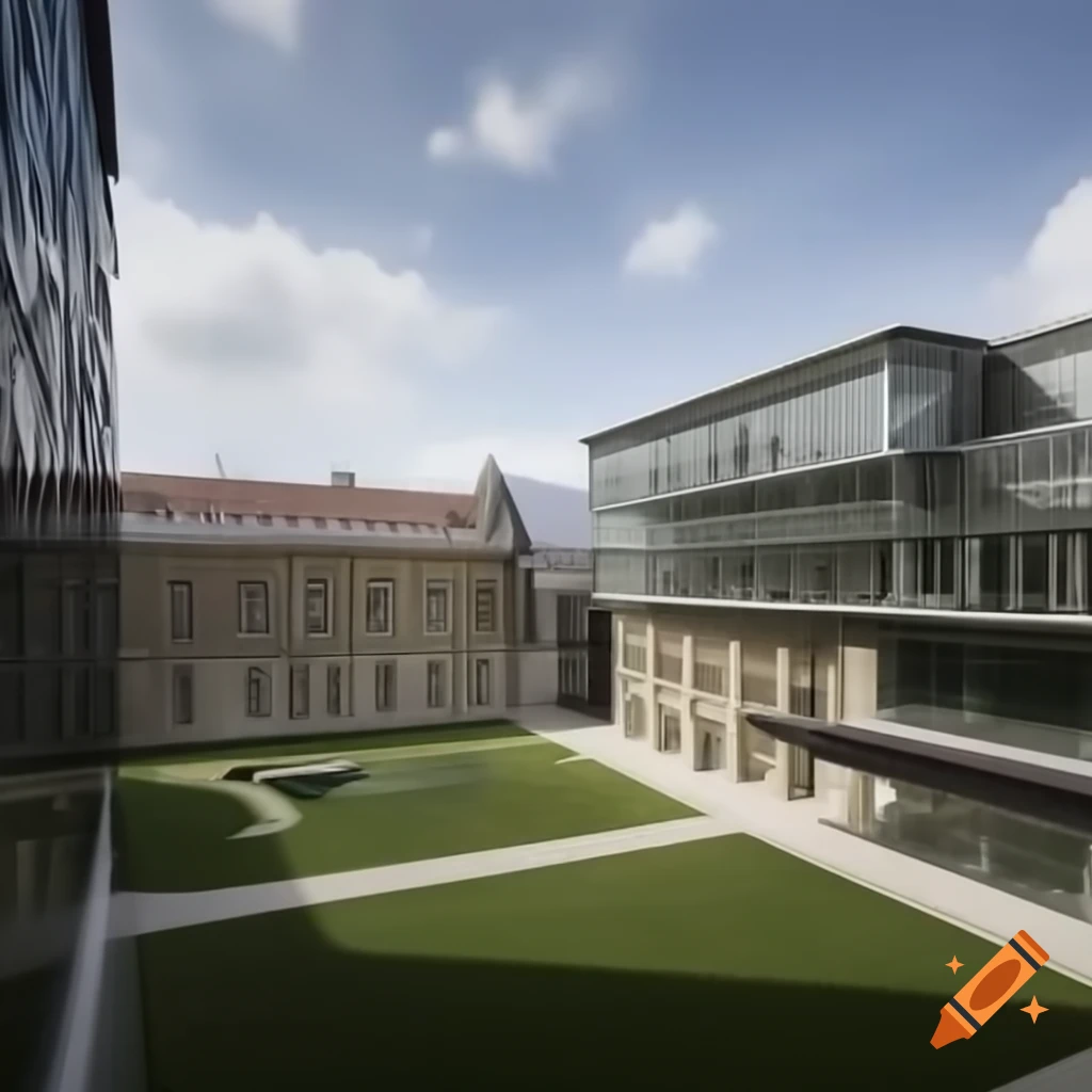 Prestigious European university campus featuring historic stone buildings and modern research facility