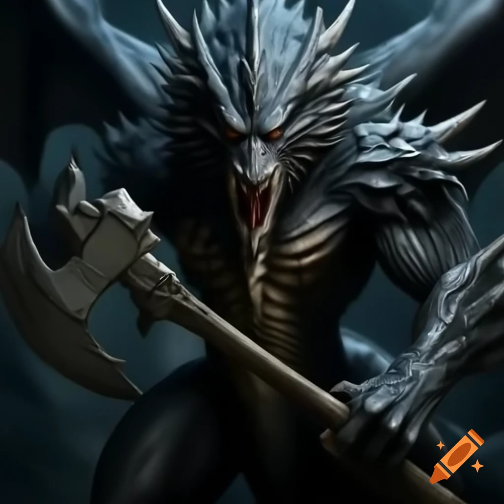 Black dragon wielding a double edged axe
