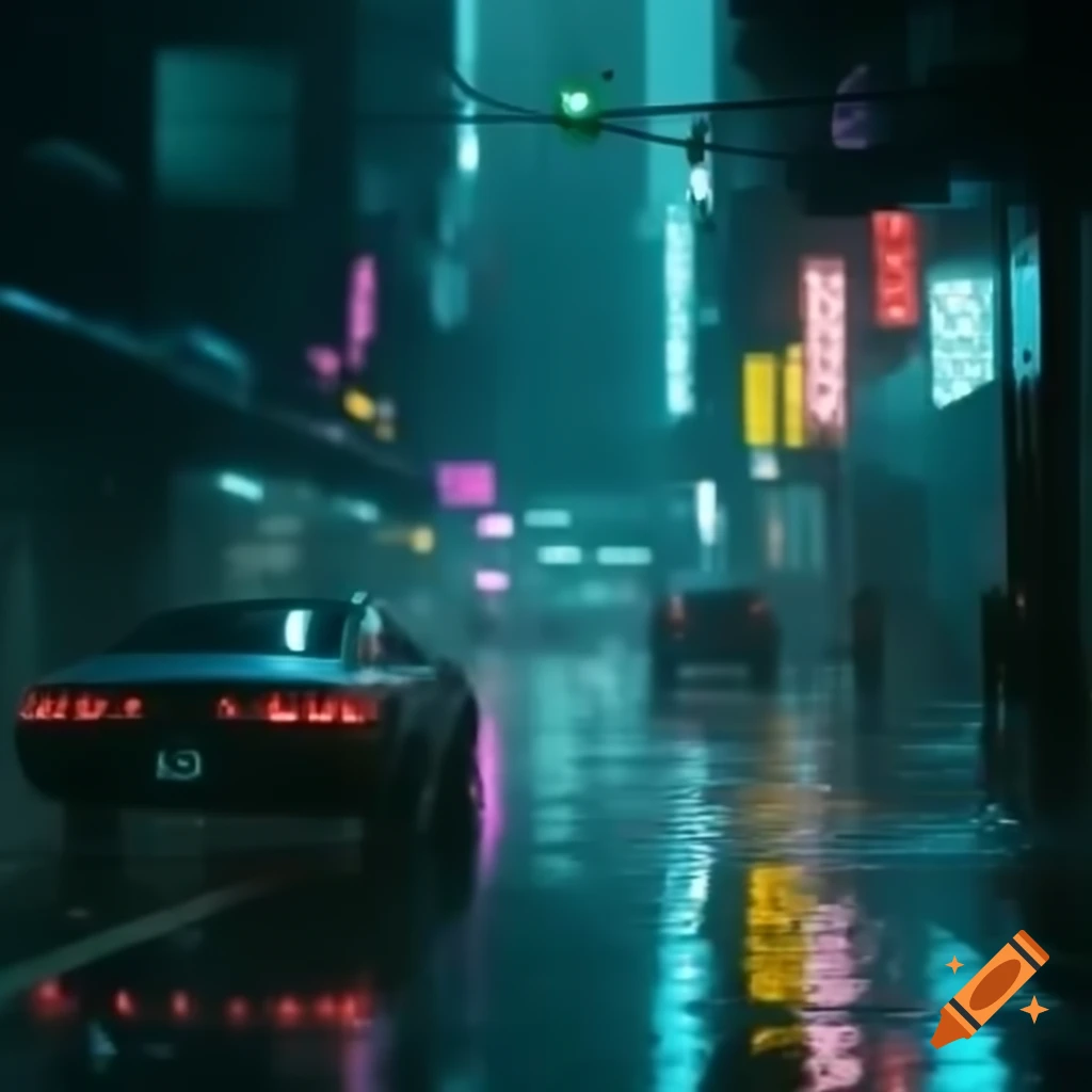 Cold, rainy cyberpunk street scene