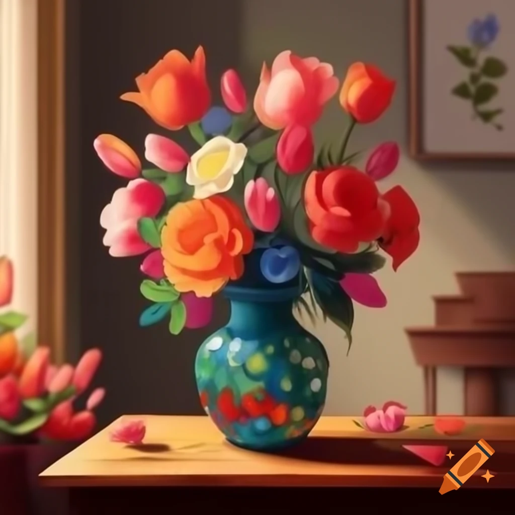 Colorful flower vase with roses, lilies, and tulips on wooden table
