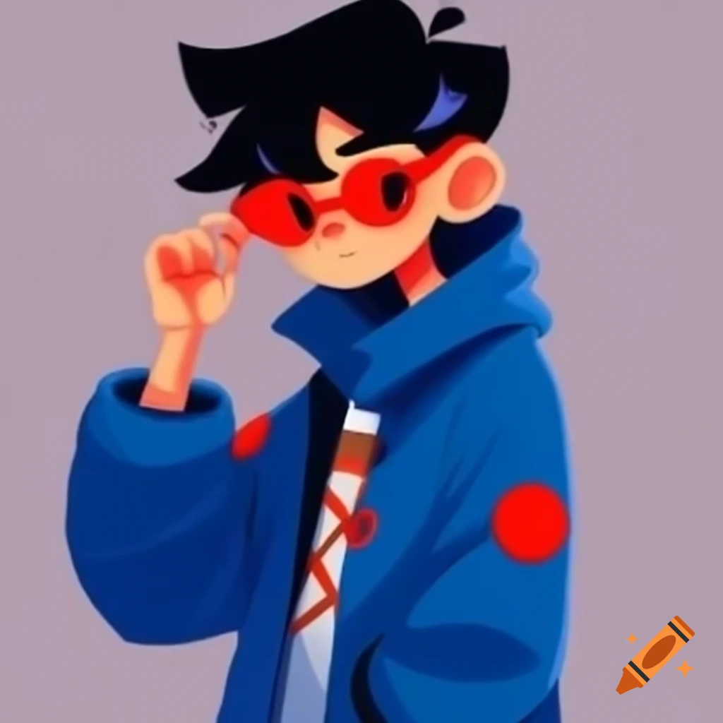 Evil male character in blue coat and red sunglasses in anime style