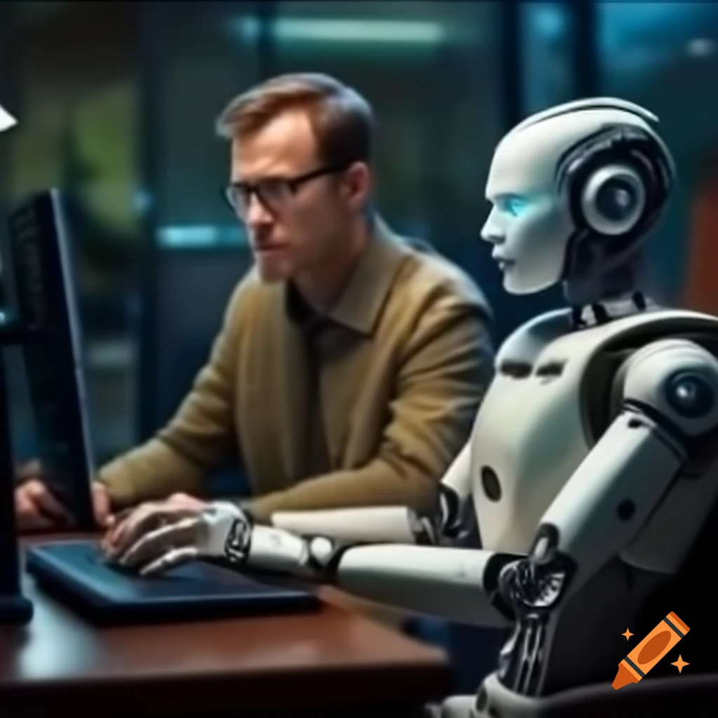 Man and robot collaborating on computer work