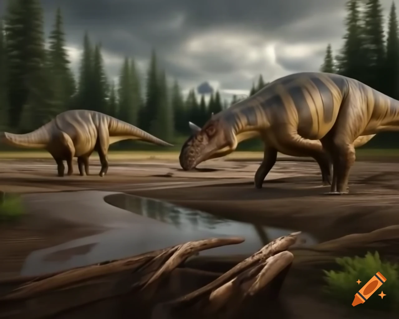 Striped Hadrosaurus roaming near stream in British Columbia with dramatic clouds
