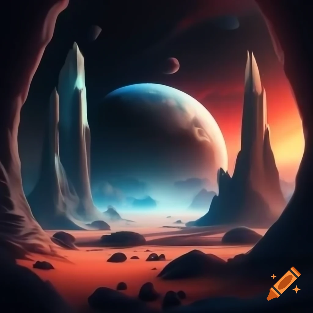 Surreal landscape on distant planet with crystalline structures and colorful sand desert