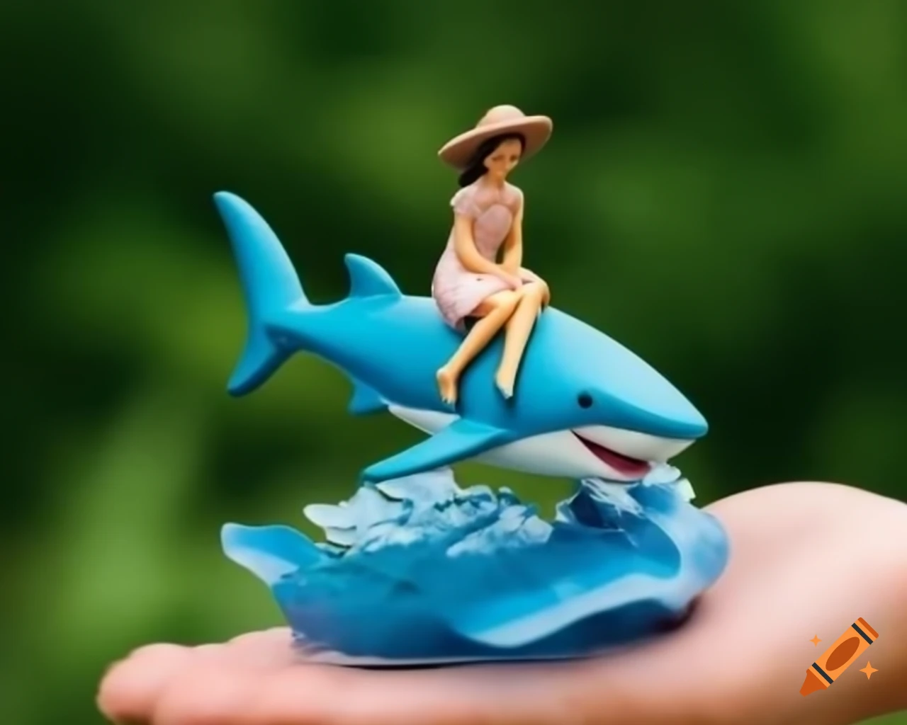 Mini clay figure of woman riding shark