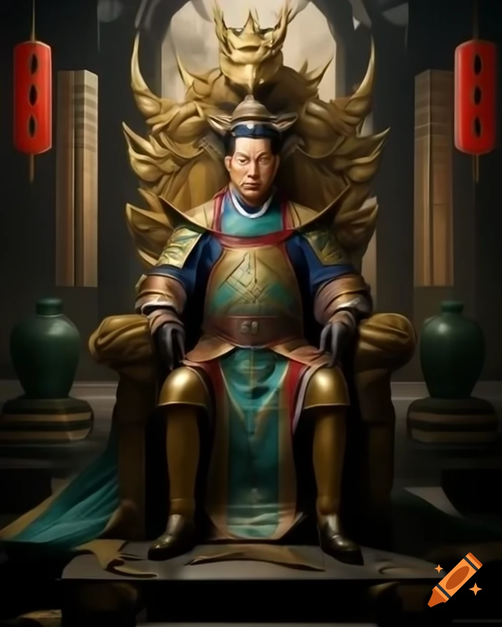 Qin Shi Huang on golden throne in grand palace with jade pillars and dragon designs