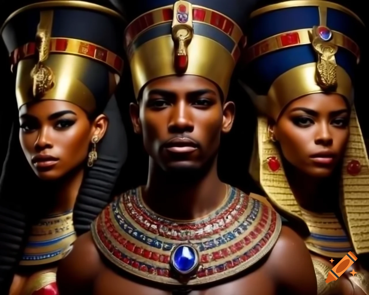 African American individuals adorned in Egyptian jewelry with gold, diamonds, and gemstones