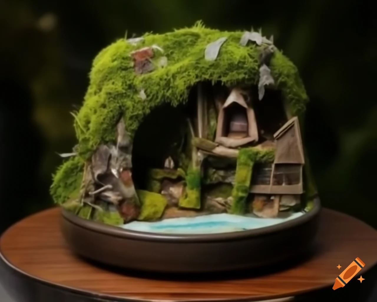 Mossy miniature fairy village diorama inside teacup on table