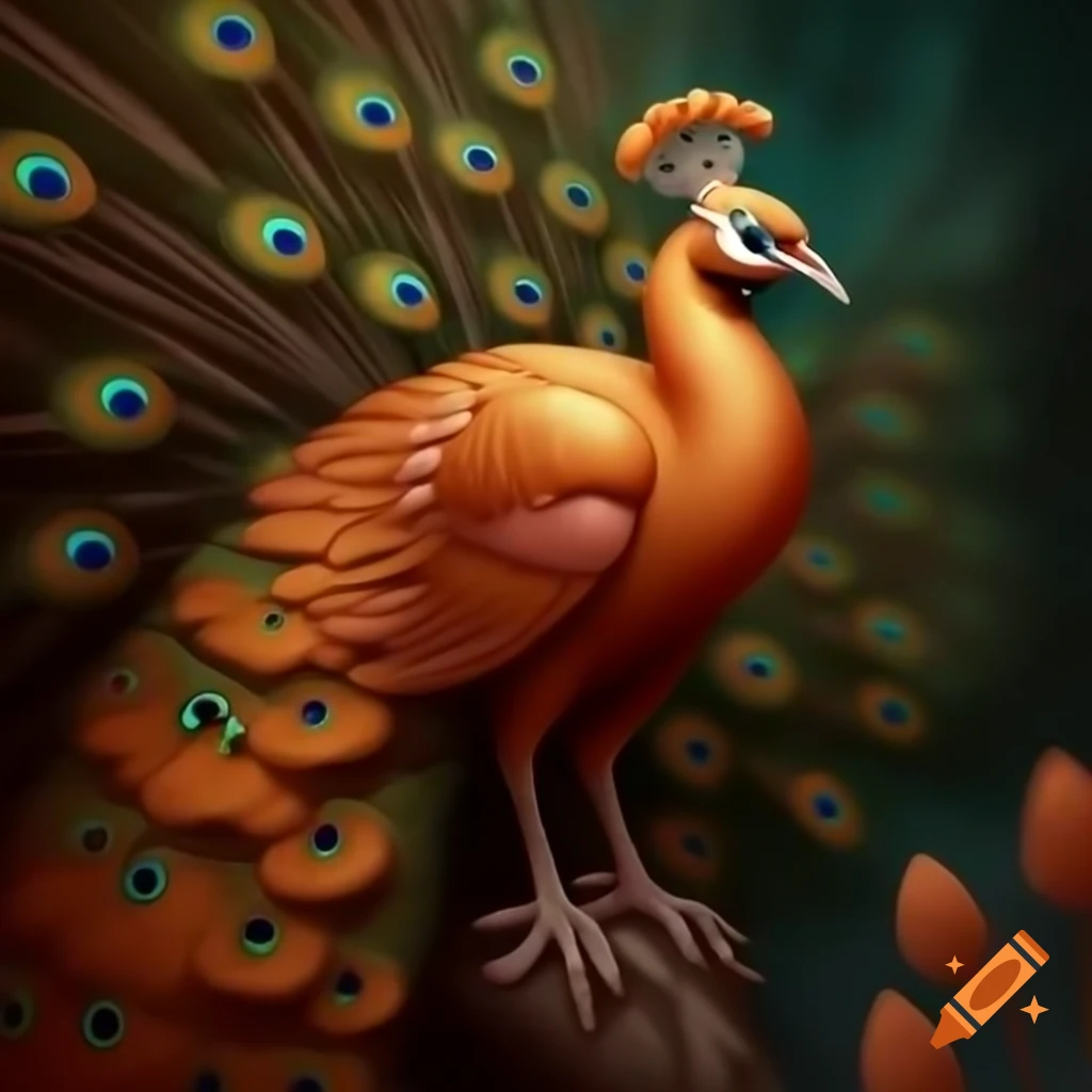 Peacock displaying its ginger feathers and open wings