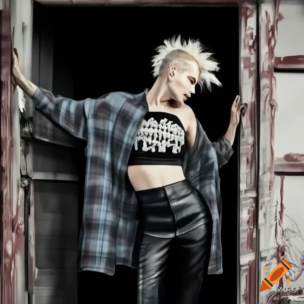 Punk-rocker with mohawk hairstyle and plaid shirt peeking through derelict site