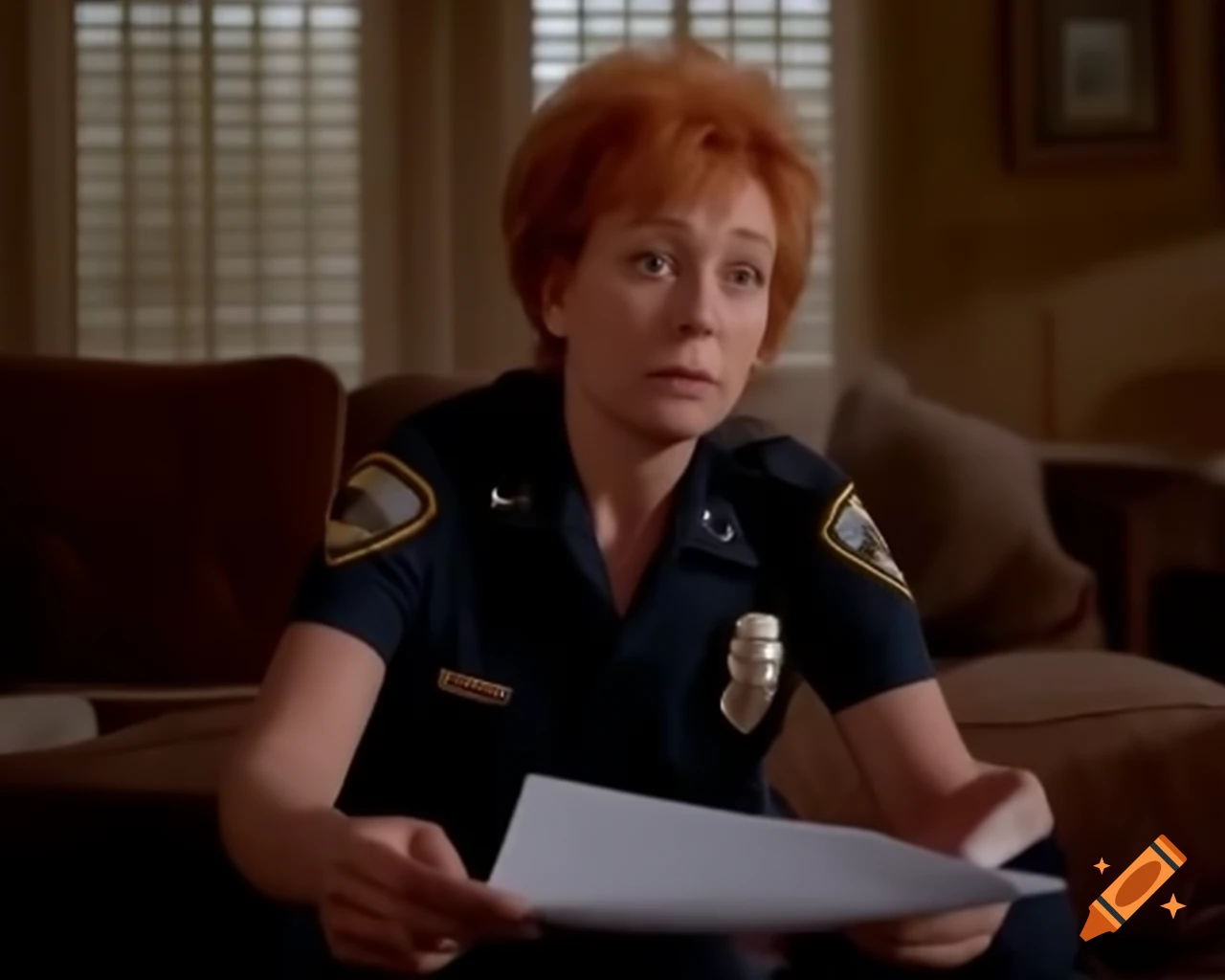 Grumpy french female police officer taking notes at a crime scene in a ...