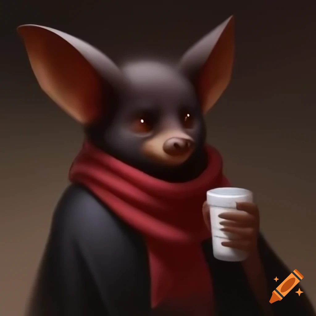 Bat wearing a scarf holding a cup, artistic painting
