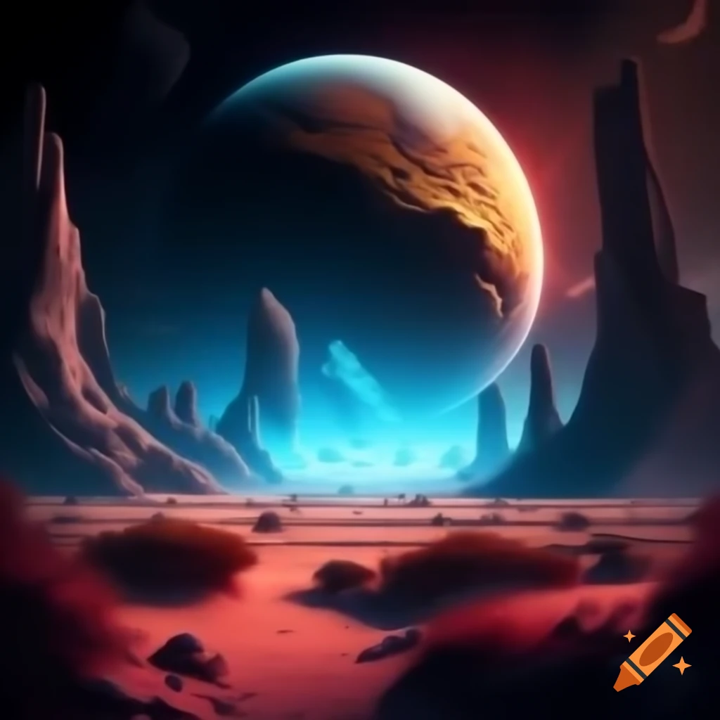 Surreal landscape on distant planet with crystalline structures and colorful sand desert