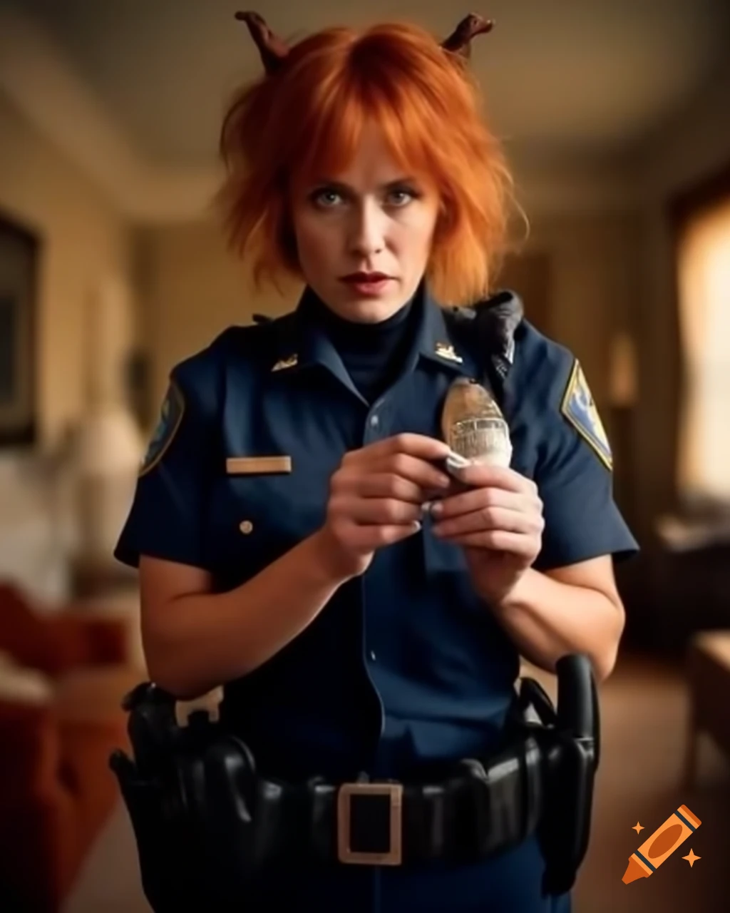 French female police officer with ginger hair, smoking cigarette at crime scene