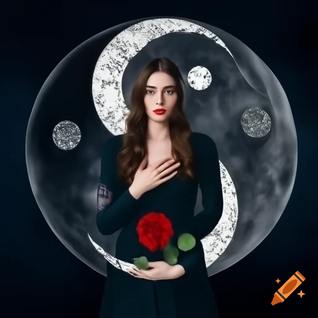English woman with rose in dark dress under yin yang moonlight, photorealistic style