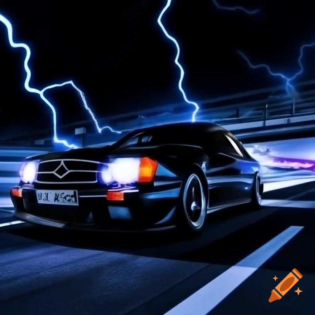 Black Mercedes 190 Evo 3 in motion at night with blue lightning effects and dynamic 'VELOCITY' text