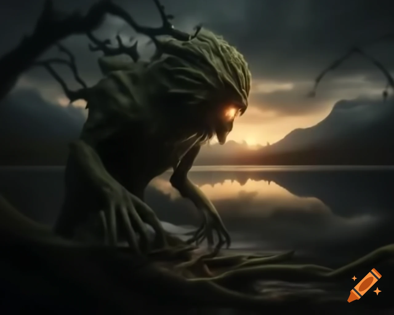 Tree monster in dark fantasy forest near mountain lake