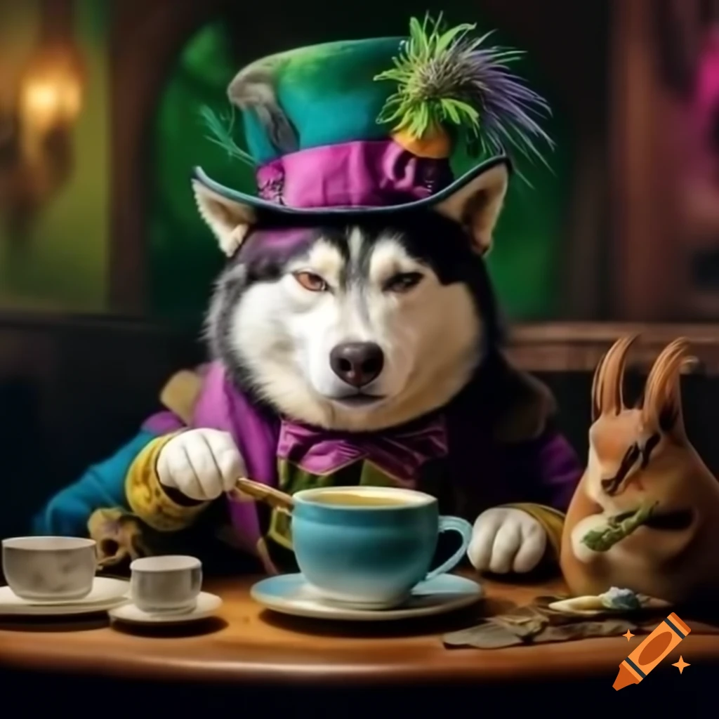 Siberian Husky dressed as Mad Hatter at tea party with squirrel