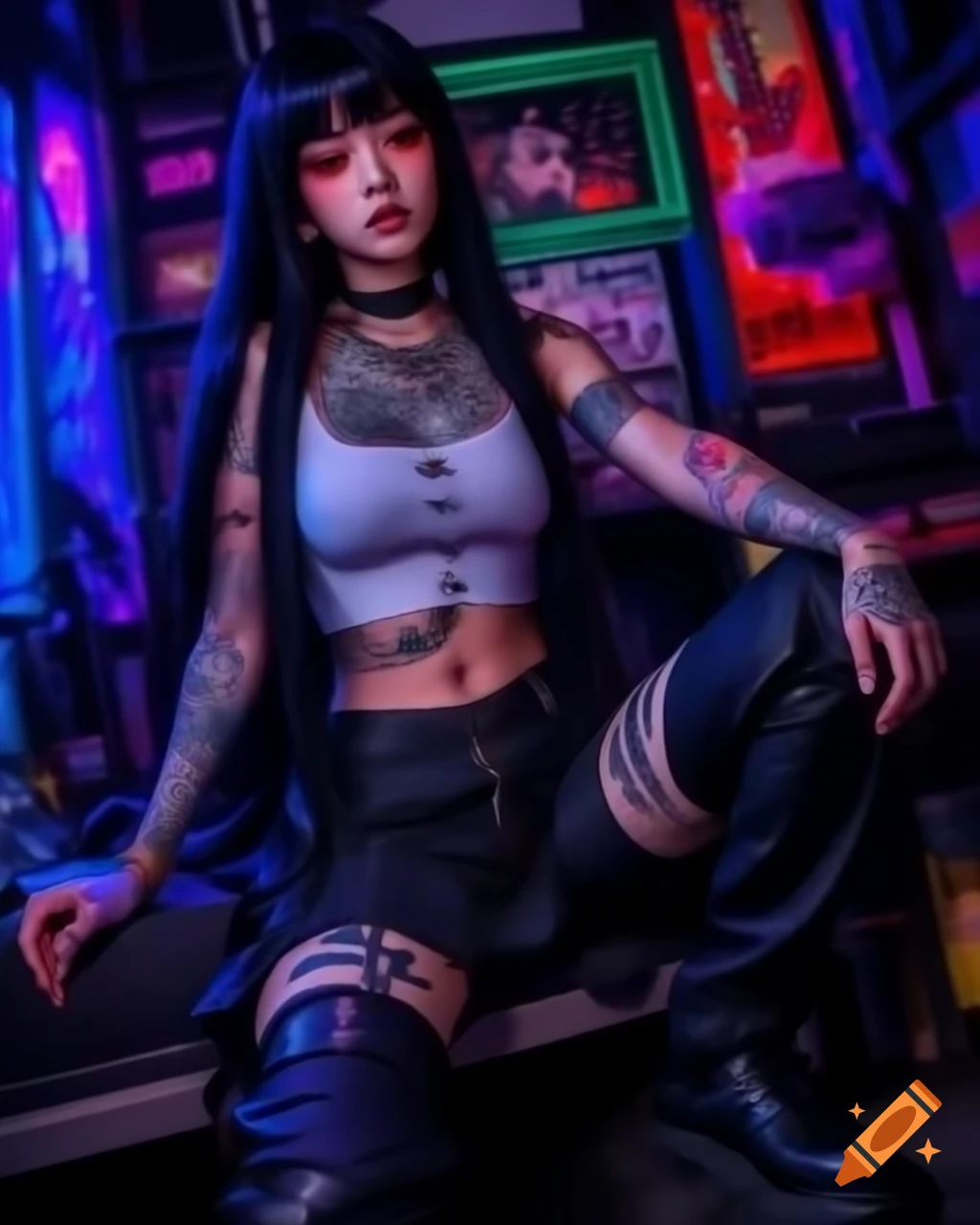 Punk-inspired young woman in dystopic fashion with black hair and lowrise pants