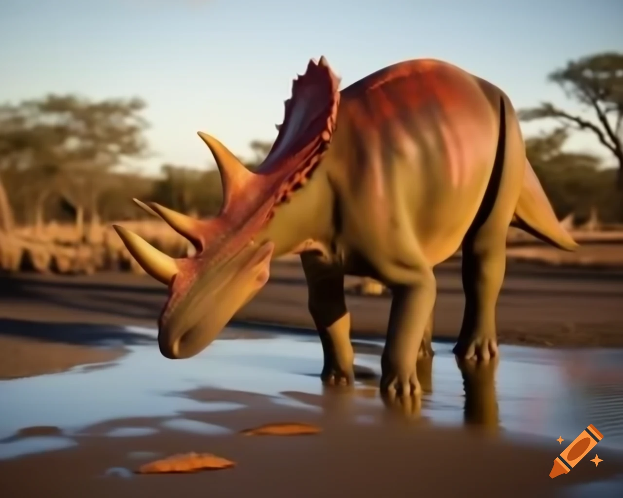 Hadrosaurus drinking in puddle under tree in sunny clearing