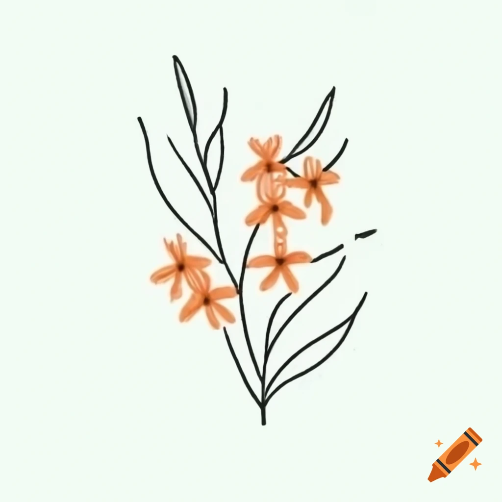 Minimalist black line drawing of cosmos flowers and leaves in orange