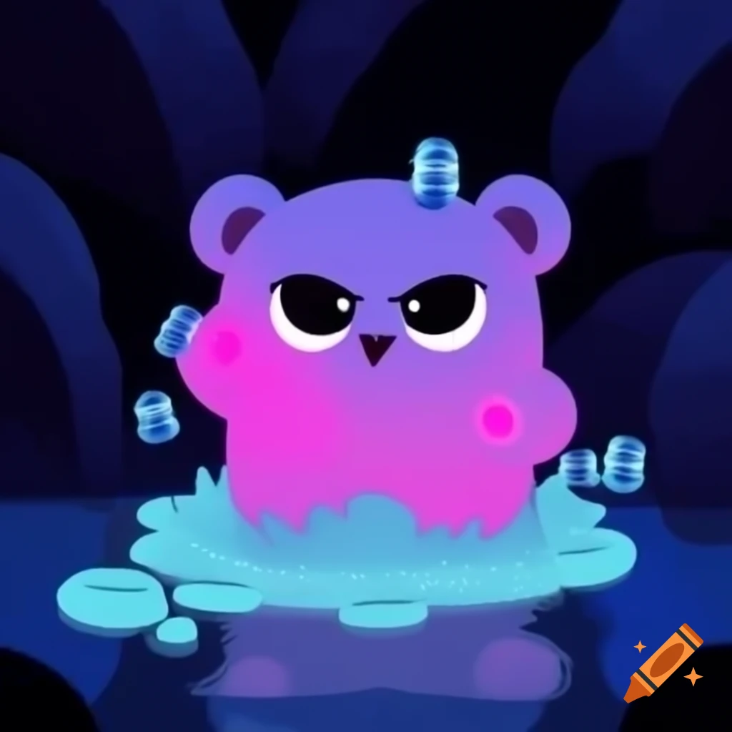 Gummy Bear singing in cosmic amphitheater with eerie atmosphere