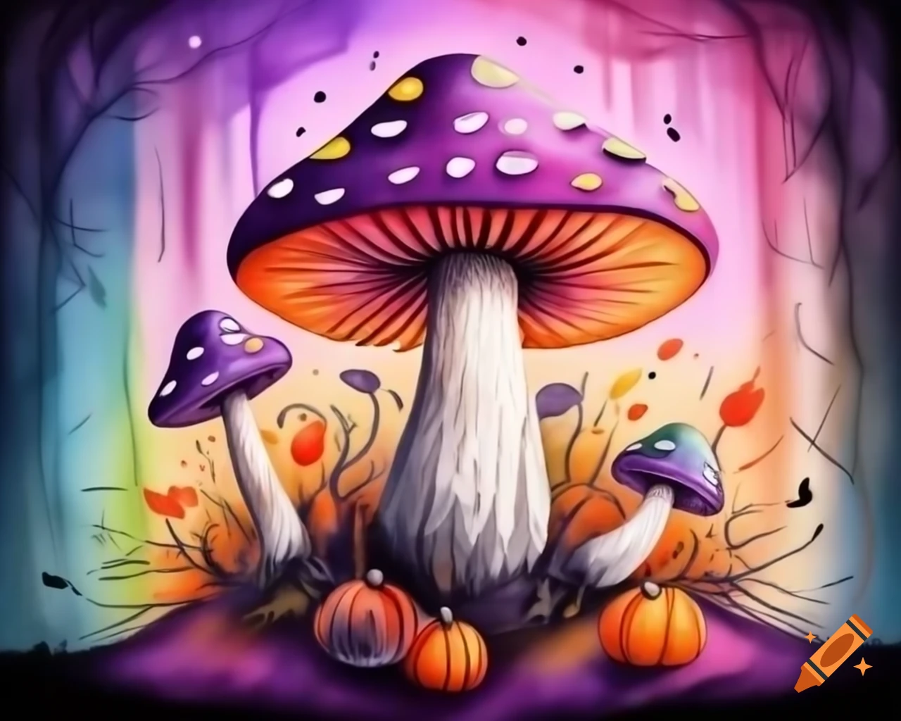 Watercolor Halloween mushroom in rainbow colors, storybook style