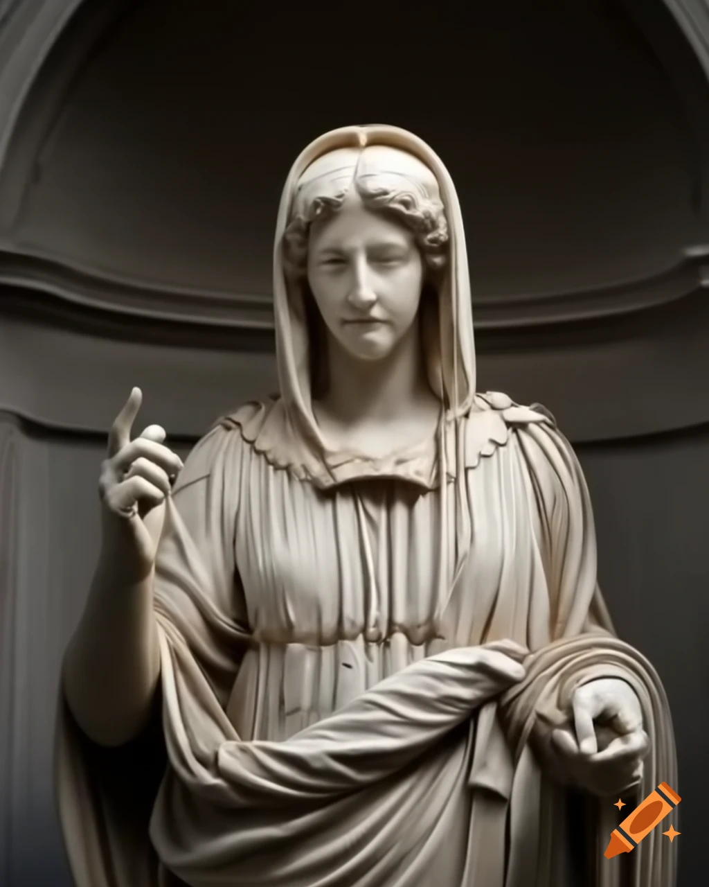 Hooded marble statue with hands pointing in opposite directions