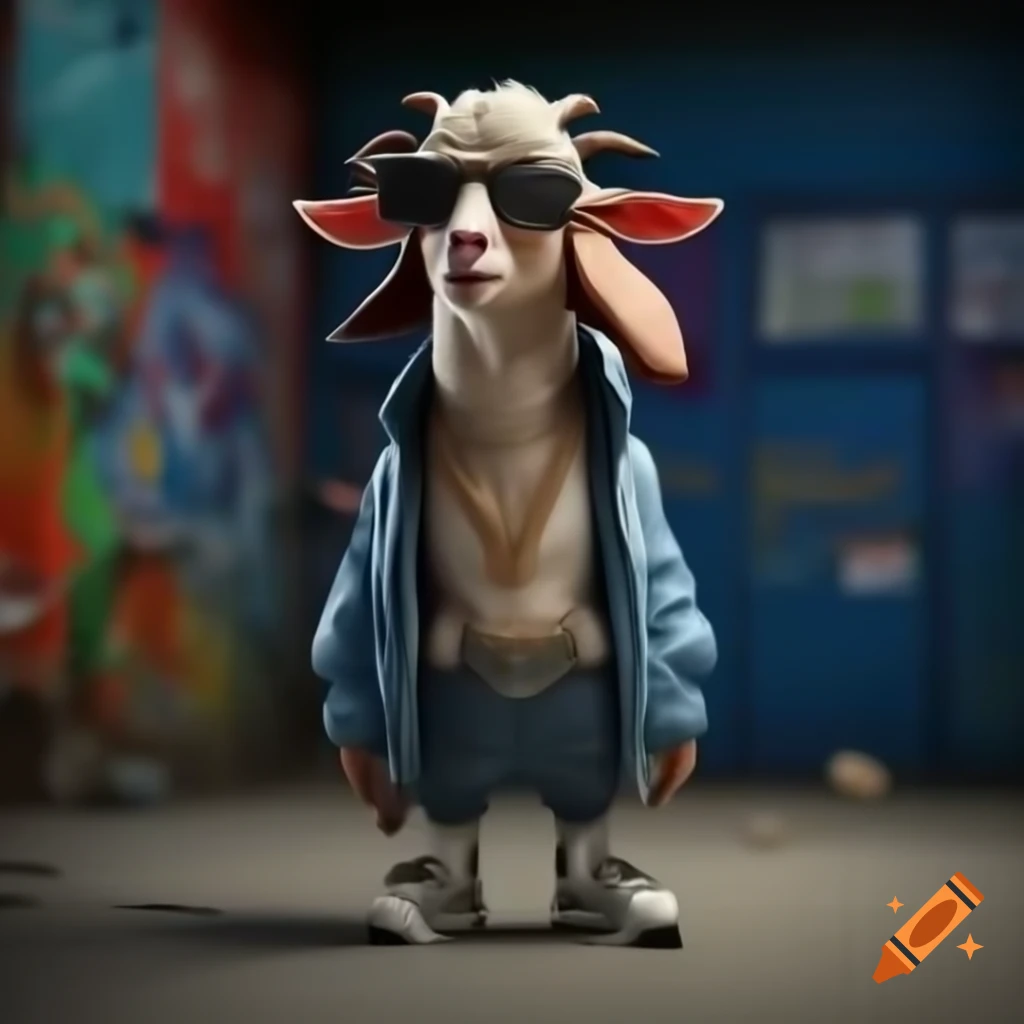 3D image of a stylish goat with human body dressed like hip-hop singer