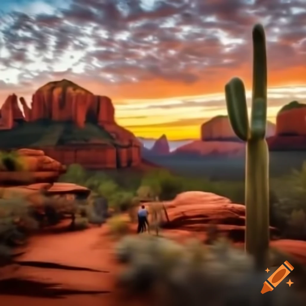 Beautiful sunset in Sedona, Arizona with cactus, hikers, and wildlife