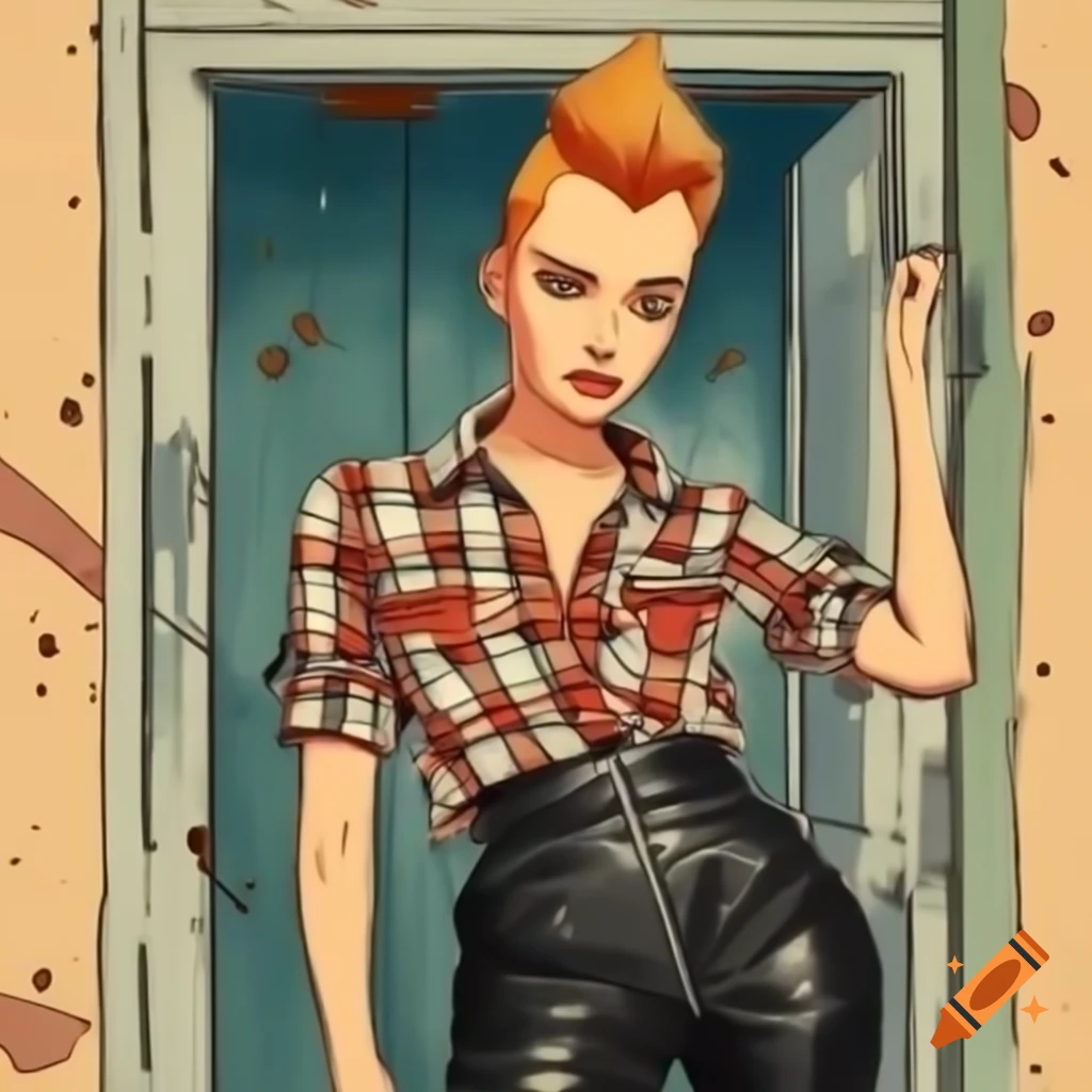 Punk-rocker with mohawk hairstyle and plaid shirt peeking through derelict site
