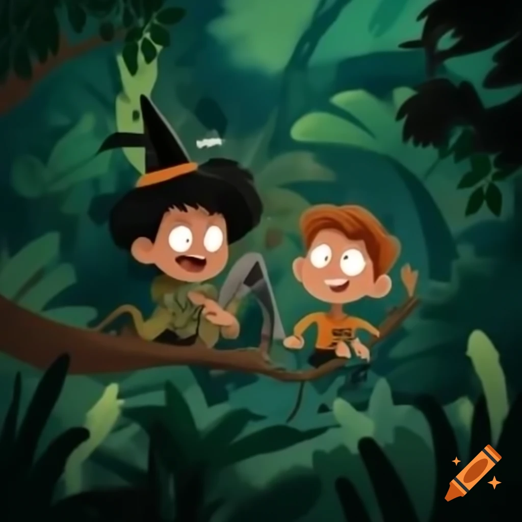 Two boys encounter a witch in a jungle setting