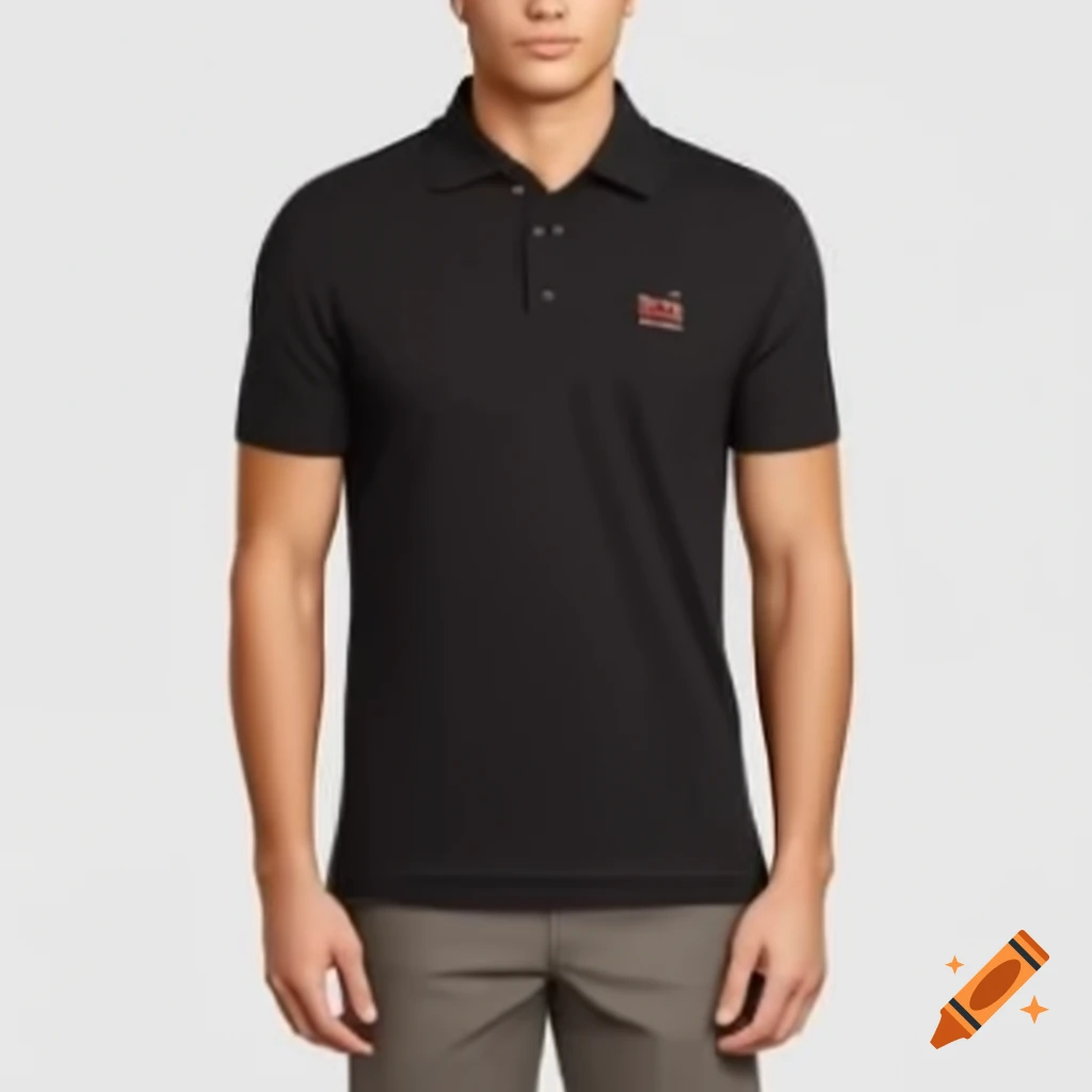 All black polo shirt design featuring sunset theme for international relations and development