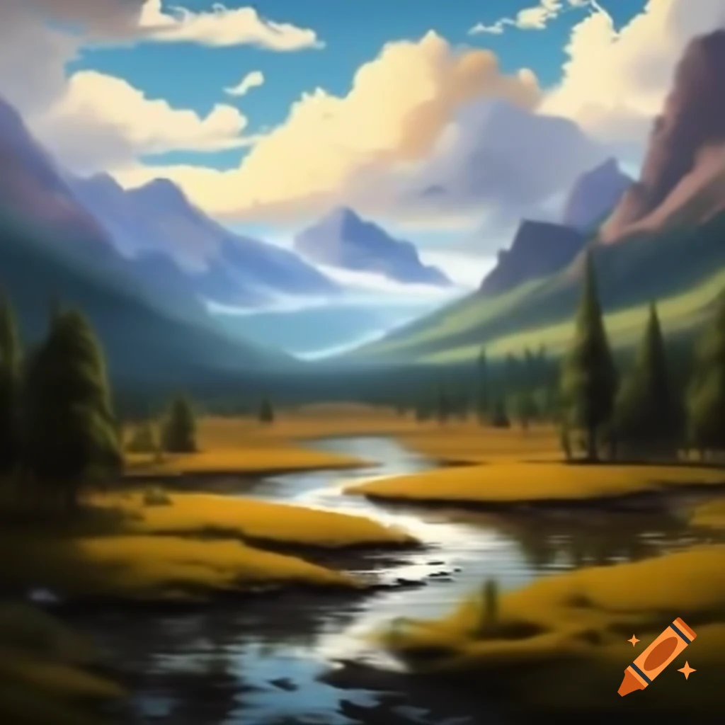 Detailed oil painting of a swamp in a mountainous valley