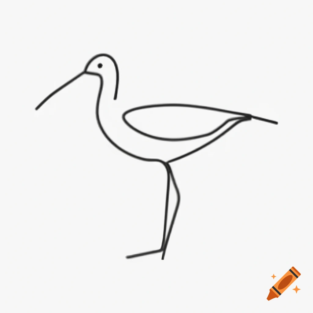 Minimalist black line drawing of wetland bird with orange and green on white background