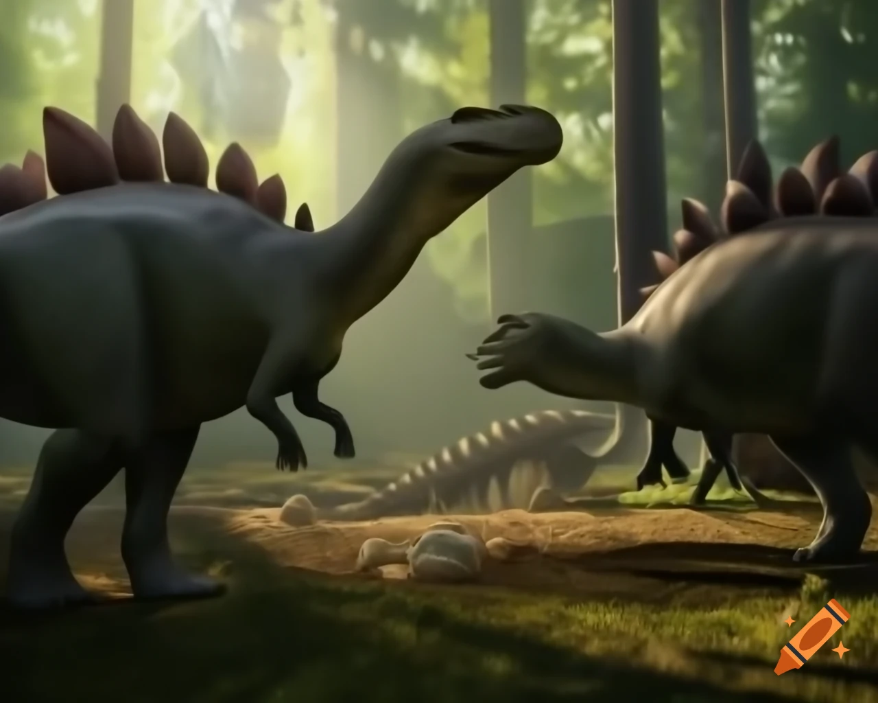 Two Stegosaurus engaged in combat in sunny cedar forest clearing