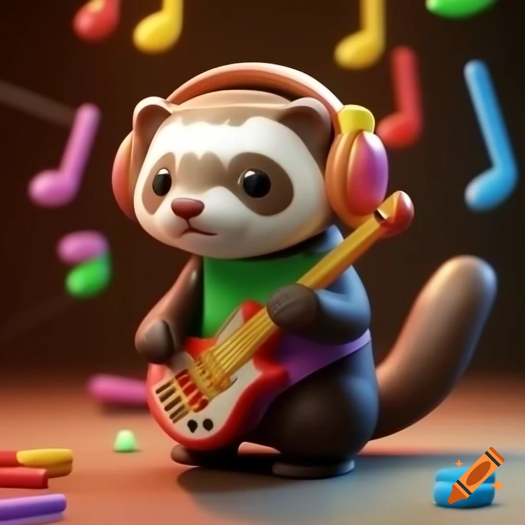 3D ferret playing music with crayons in soft lighting